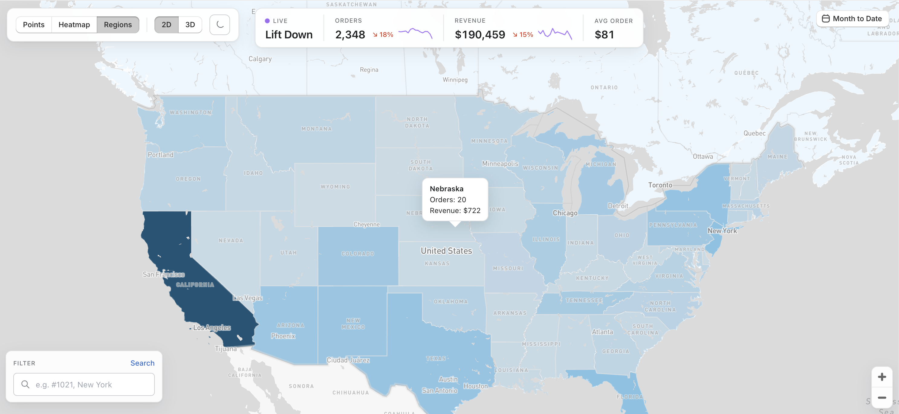 Regions view with hover tooltip